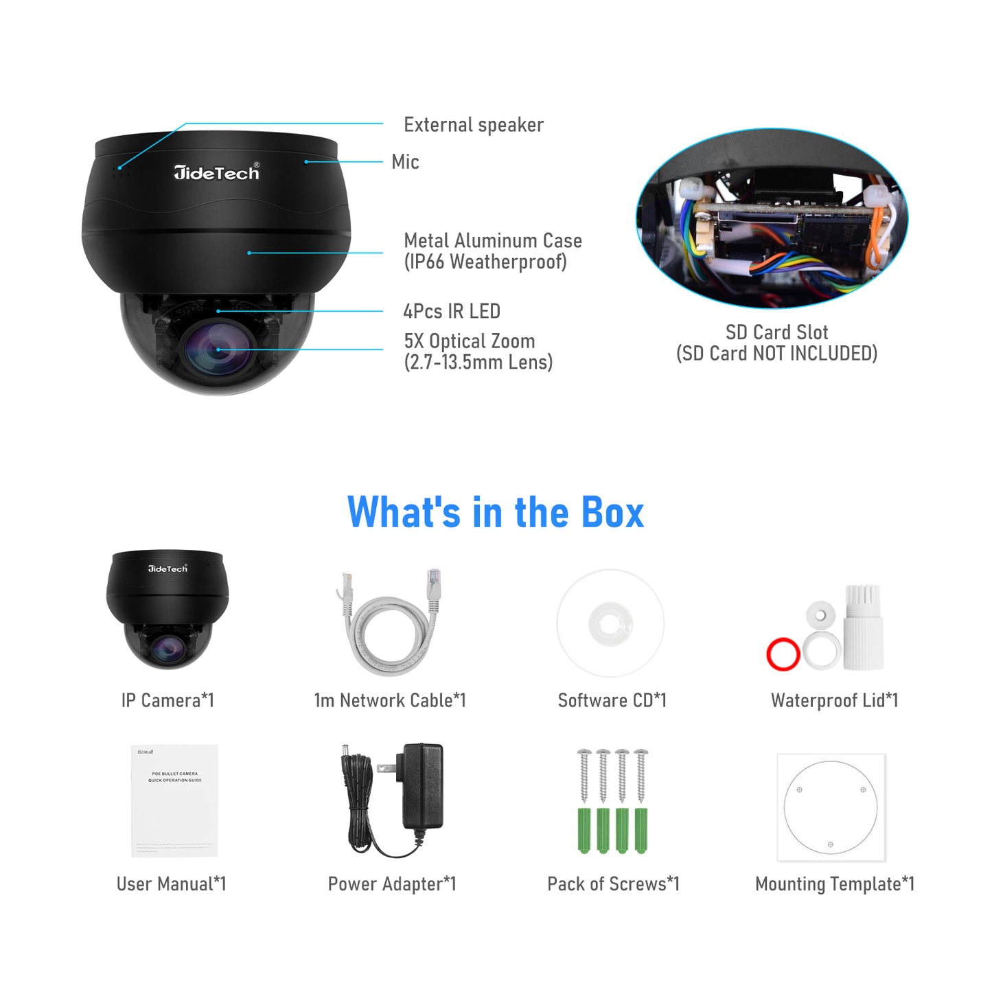 JideTech 5MP IP POE Camera Outdoor/Indoor IP66 Night Vision Camera (P1 Plus-5X-5MPB)