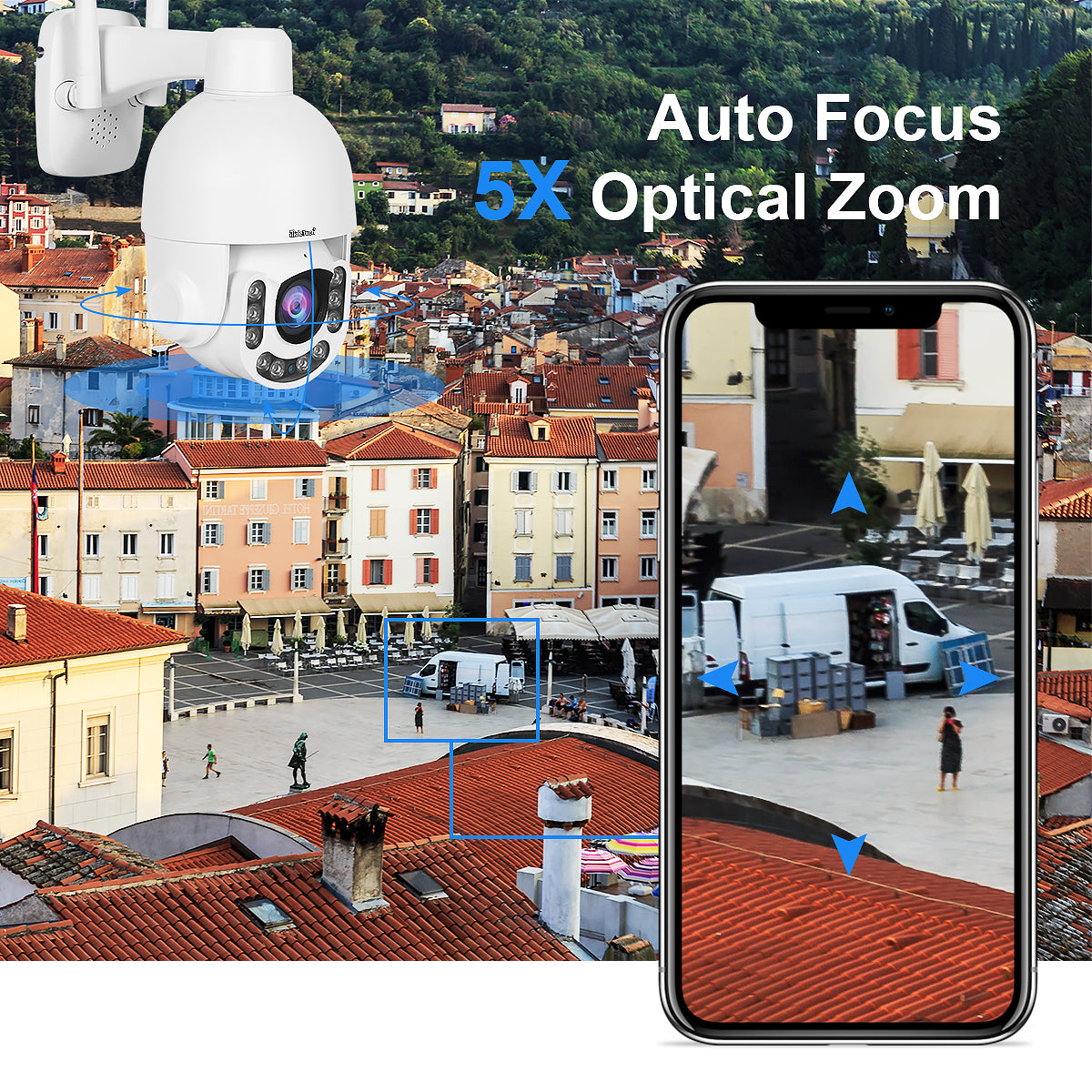 JideTech 5MP/8MP PTZ WiFi Camera Outdoor 5X Optical Zoom Camera with Auto-Tracking Camera