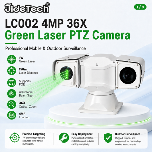 LC002 4MP 36X Green Laser PTZ Camera with 1W Laser, 150m Distance, POE & Adjustable Beam Size
