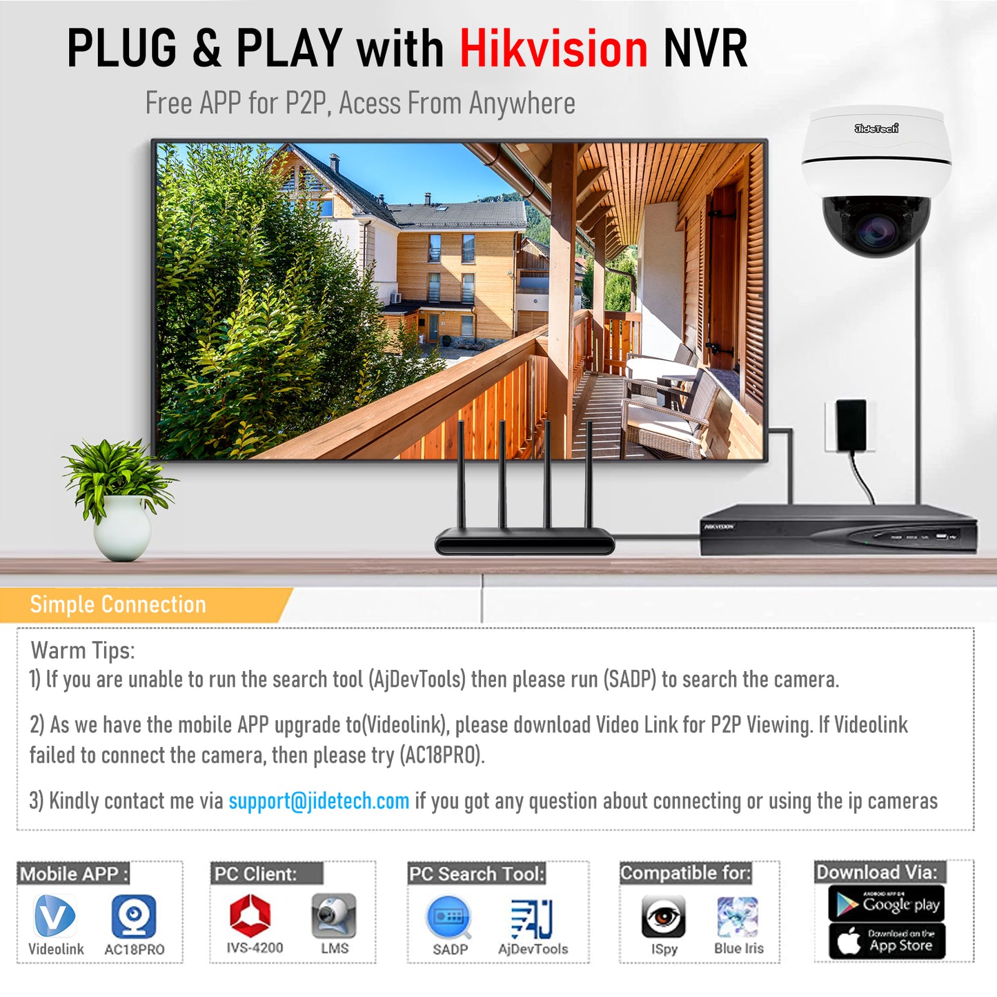 JideTech 5MP/8MP PoE Dome PTZ Camera 5X Zoom Auto Tracking Compatible HIKVISION (P1 PLUS-5X-5MP/8MP)