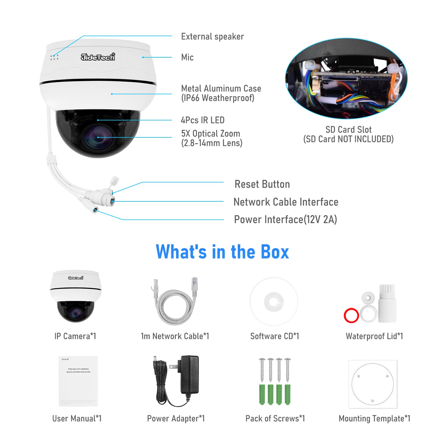 JideTech IP PoE Kamera Außen-/Innenbereich Wasserdichte IP66 Nachtsichtkamera (P1 Plus-5X-8MPB)
