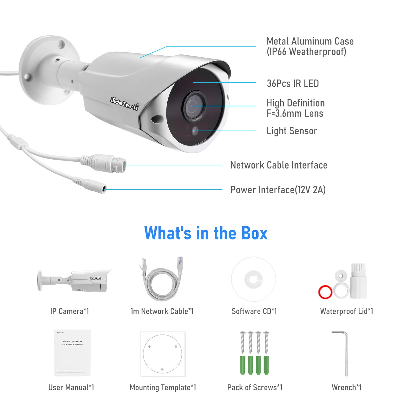 JideTech 5MP POE Bullet IP-Sicherheitskamera mit Nachtsicht, wasserdicht IP66 (BC1-5MP) 