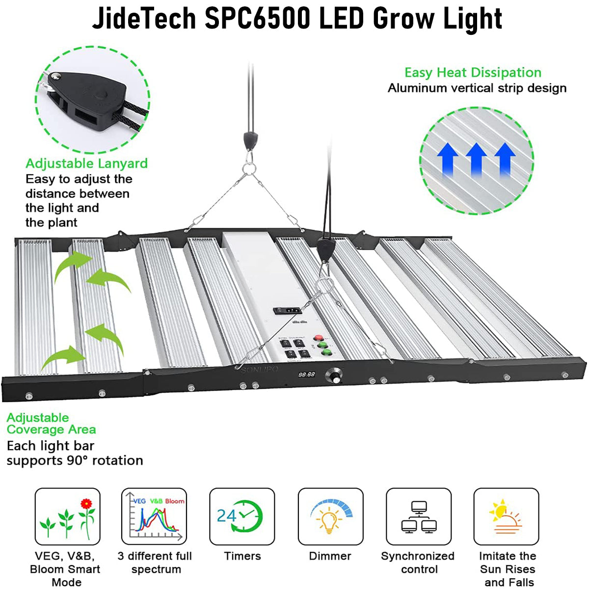 JideTech LED-Pflanzenlampe Samsung LED 8-Leiste Verstellbar 650W Vollspektrum LED-Wachstumslampe Gartenbau Zimmerpflanzen (SPC6500-650W) 