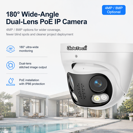 JideTech 180° Wide-Angle Dual-Lens PoE IP Camera with 4MP/8MP Options (DM12）