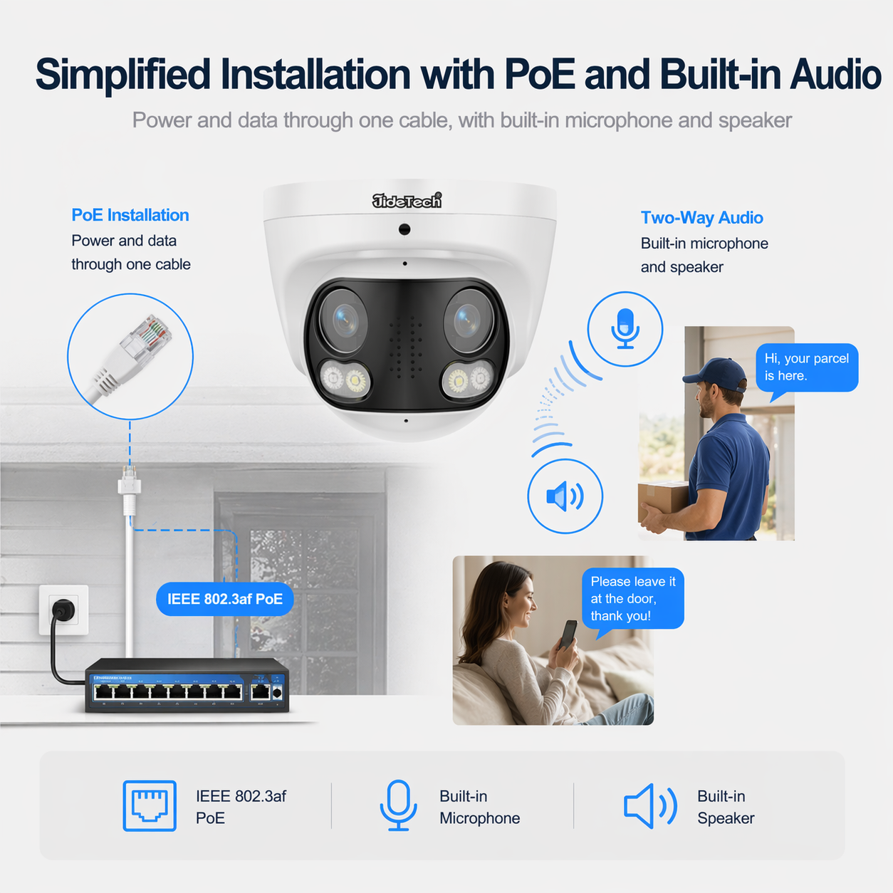 JideTech 180° Wide-Angle Dual-Lens PoE IP Camera with 4MP/8MP Options (DM12）