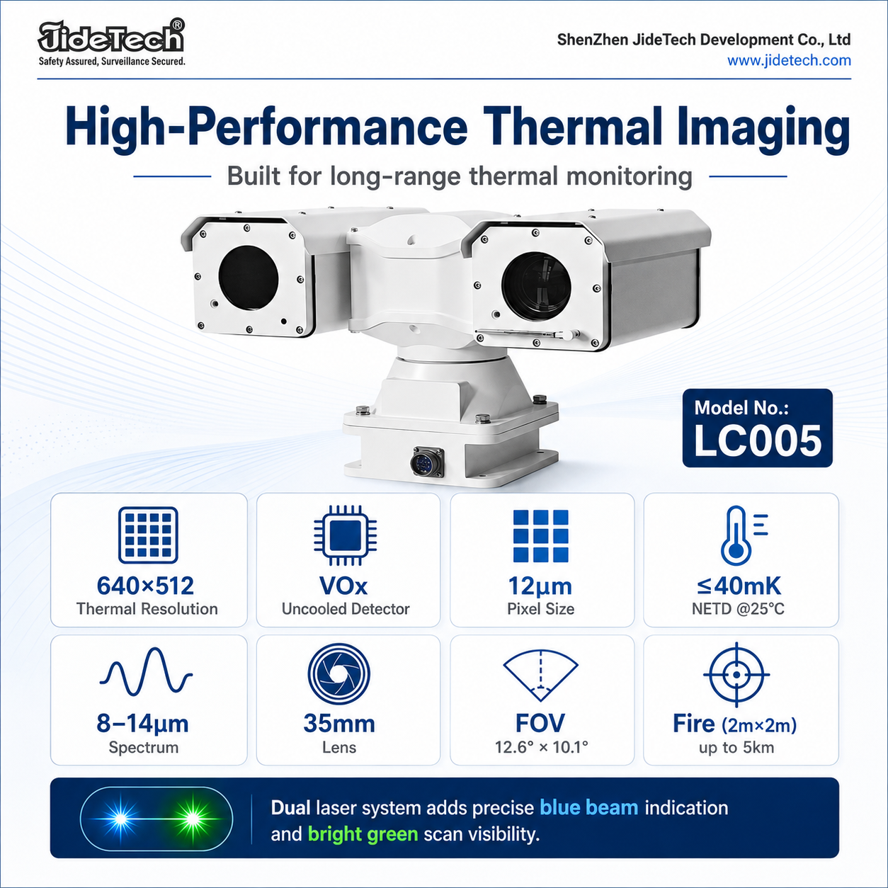 JideTech LC005 Dual Green & Blue Laser Thermal PTZ Camera | 640×512, 35mm, IP66