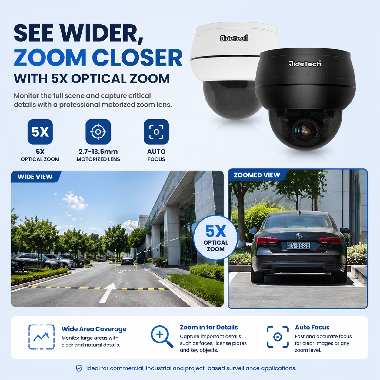 JideTech P1 Plus 8MP 5X Optical Zoom Dome PoE PTZ IP Camera with Auto Tracking