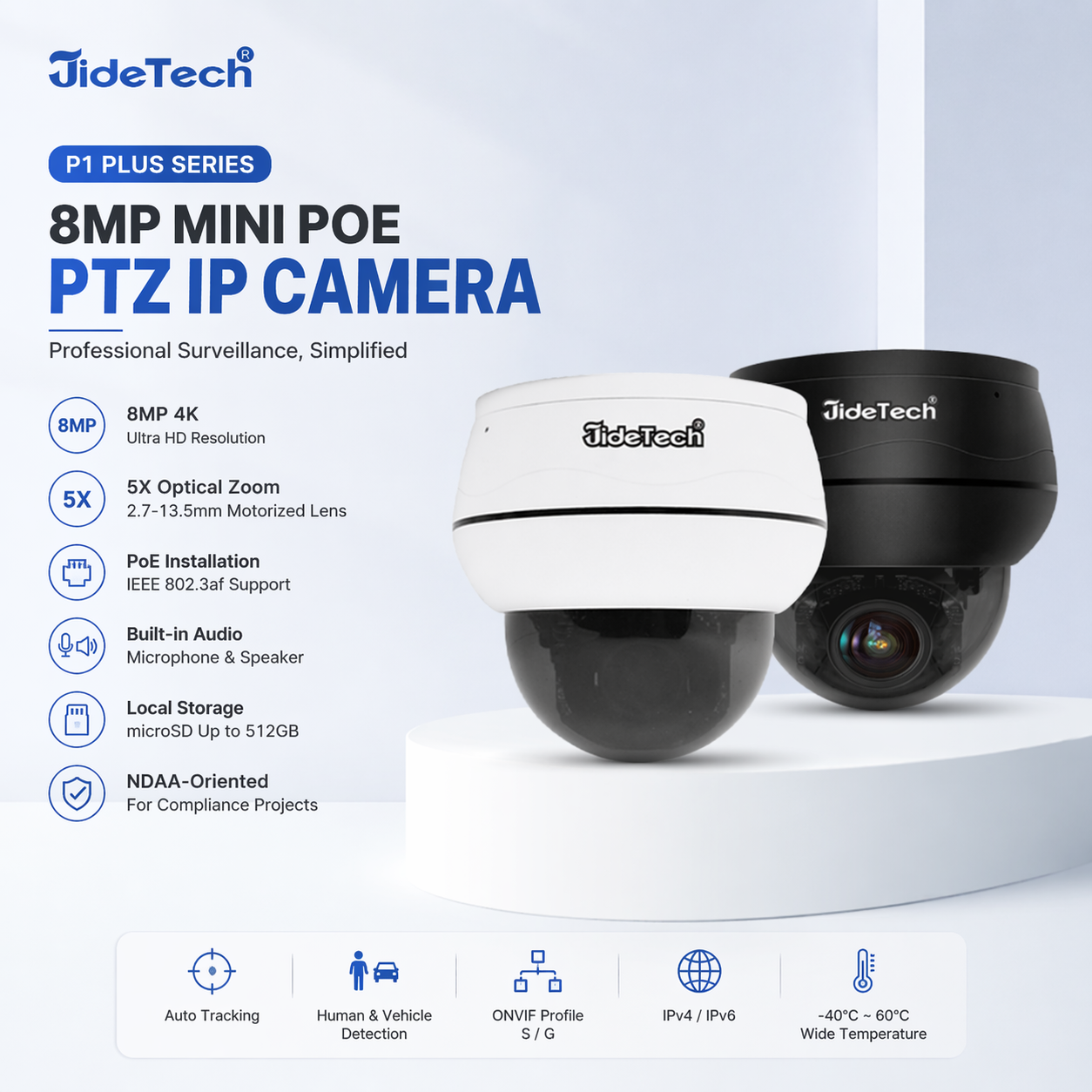JideTech P1 Plus 8MP 5X Optical Zoom Dome PoE PTZ IP Camera with Auto Tracking